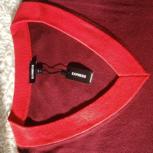 Express V Neck Pullover Sweater L Burgandy with Red Collar - Picture 4 of 7